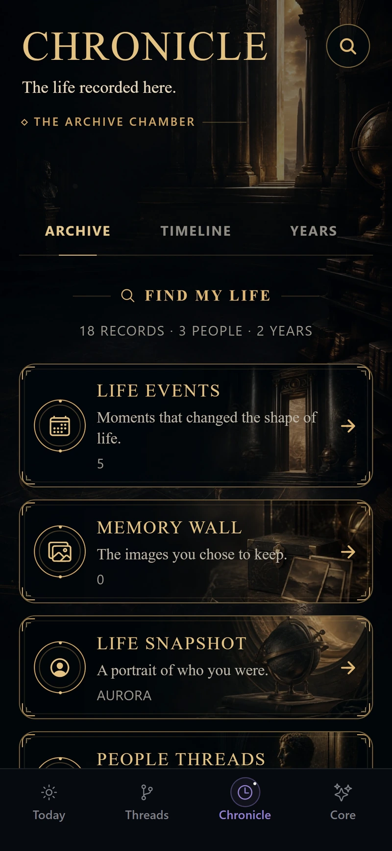 Chronicle archive with life events, memories, and a life snapshot.