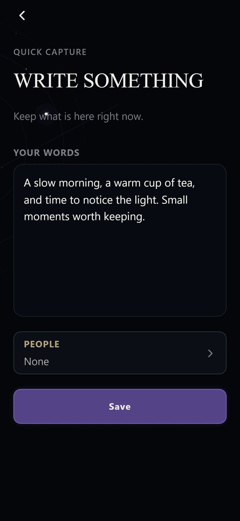 Quick Capture writing screen with a sample reflection and a People field.