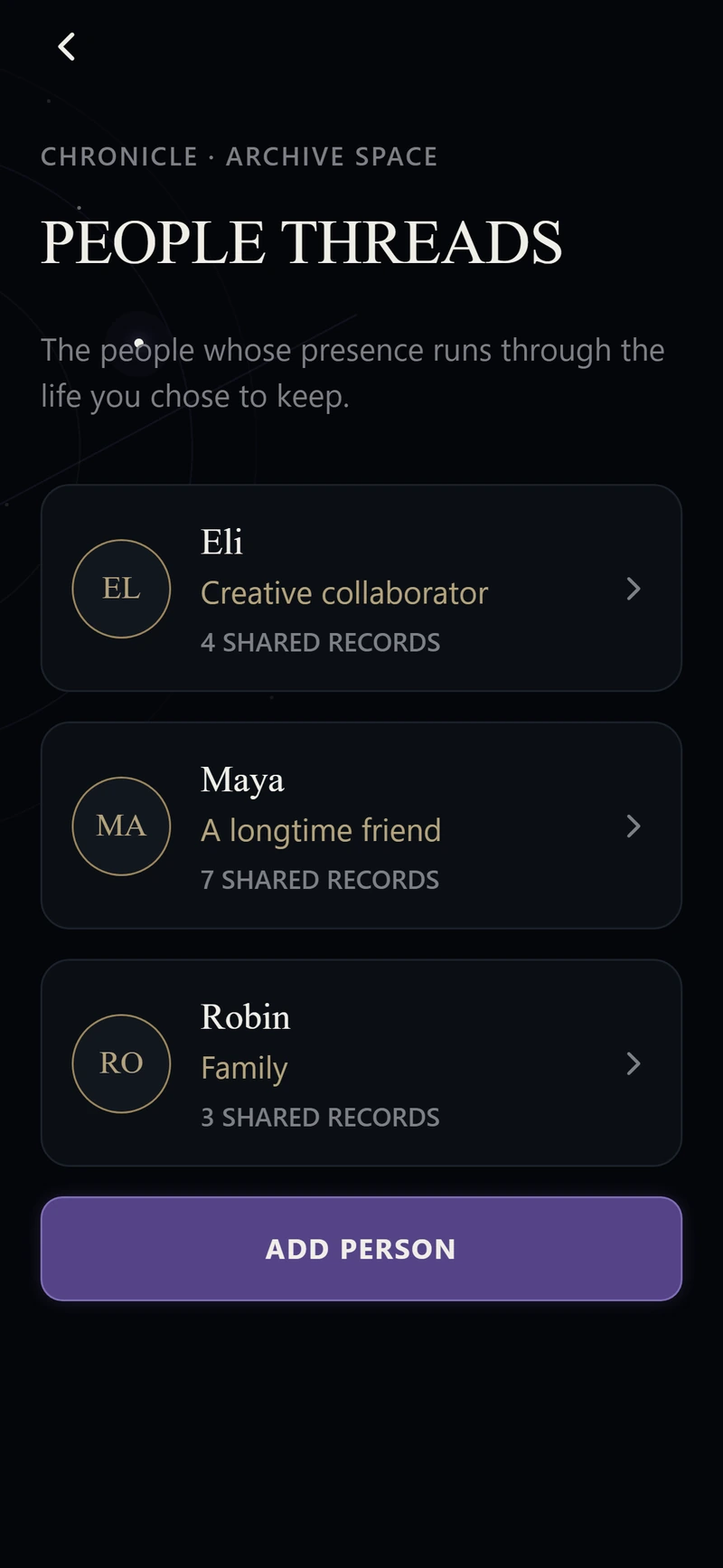 People Threads screen with three fictional people and their shared records.