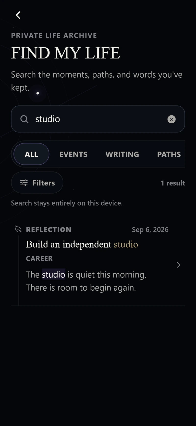 Find My Life screen showing a local search for studio and a sample reflection.