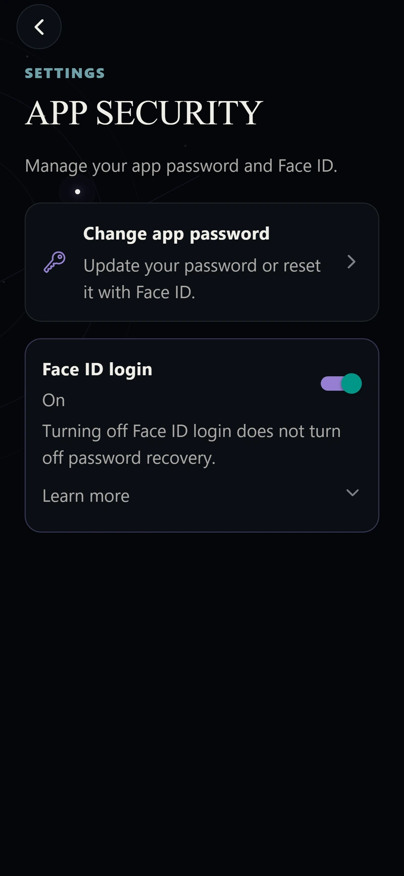 App Security screen with app password and Face ID preferences.