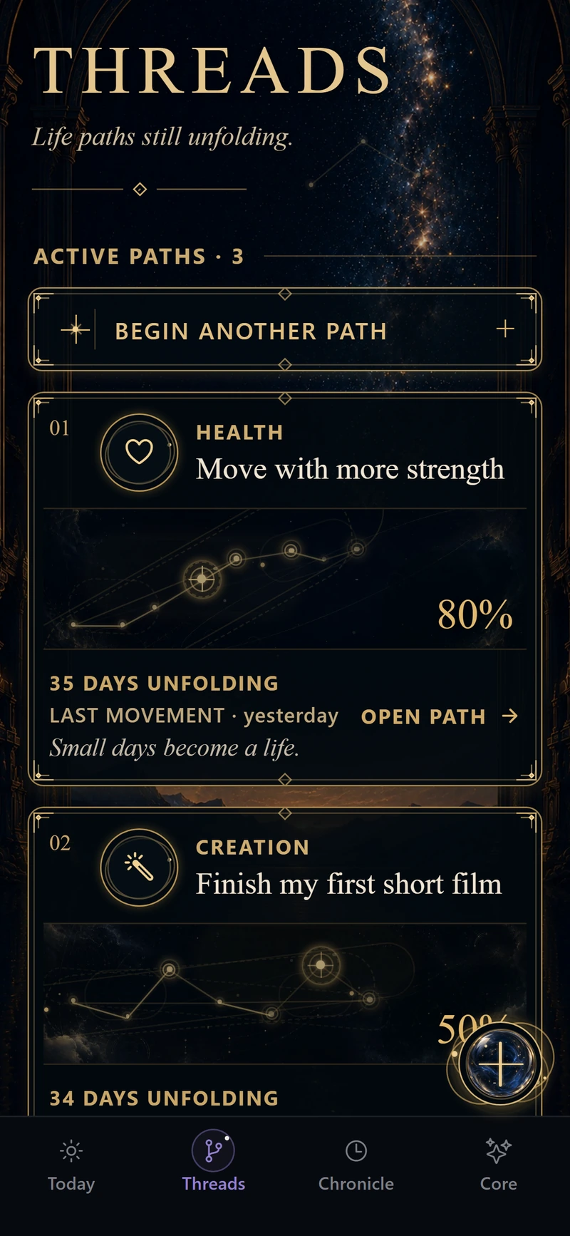 Threads app screen with active life paths.
