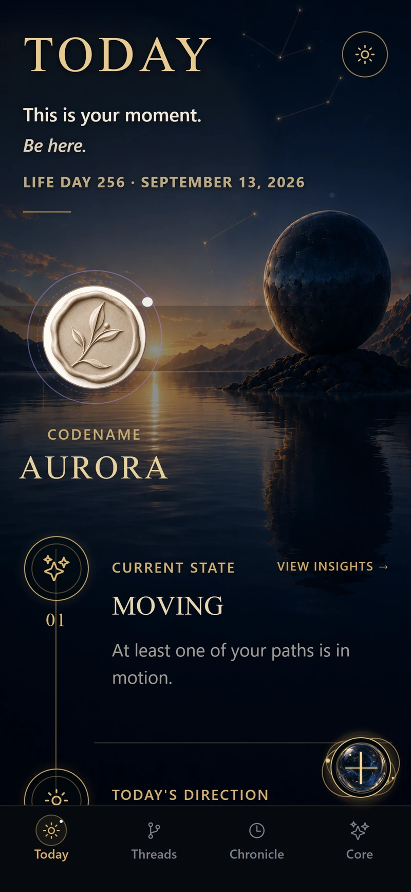Today app screen with Life Day and current state.