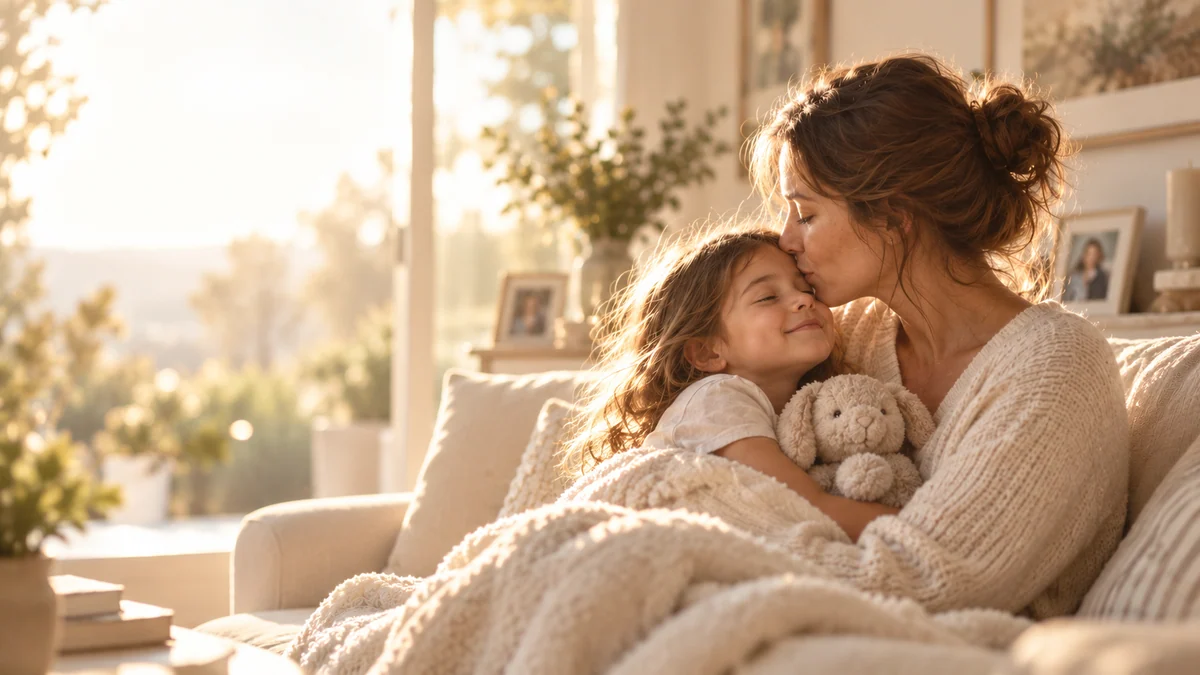 A mother kissing her daughter as they rest together in a sunlit living room.