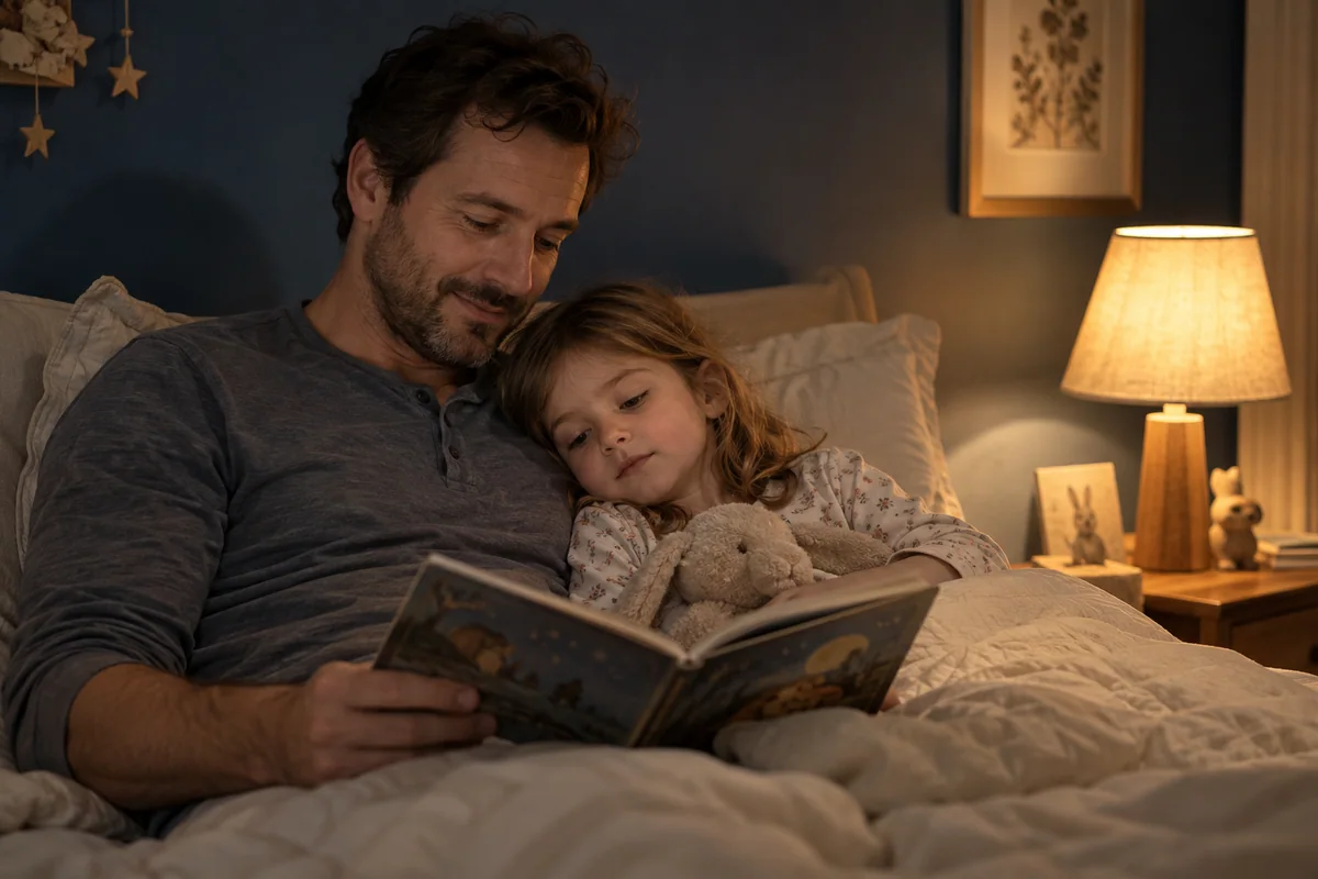 A father reading a bedtime story with his daughter by a warm lamp.